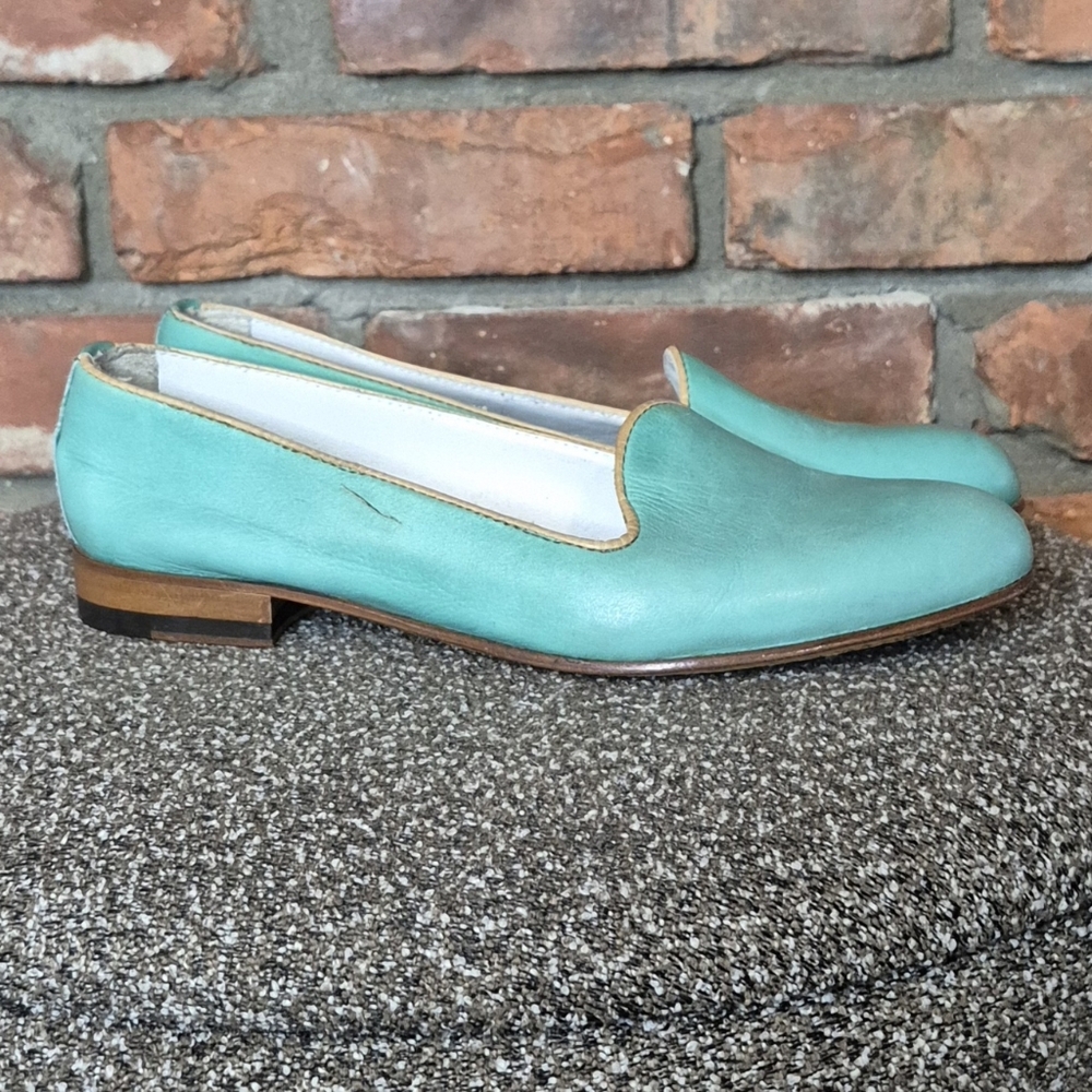 Italian Turquoise Leather Smoking Flats EU 37 Artisan Loafers Coastal Chic - Picture 3 of 13